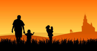 silhouette of family walking to church