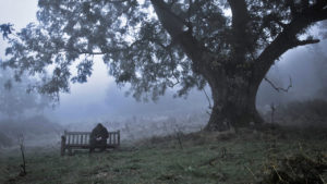 man sitting in foggy and cloudy day